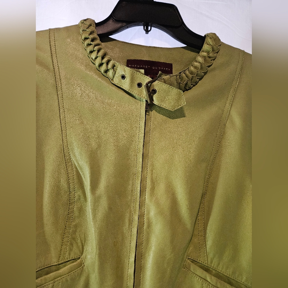 MARGARET GODFREY/St. John Olive Green Leather Zip Front Lined Jacket Size 6 - Picture 4 of 11